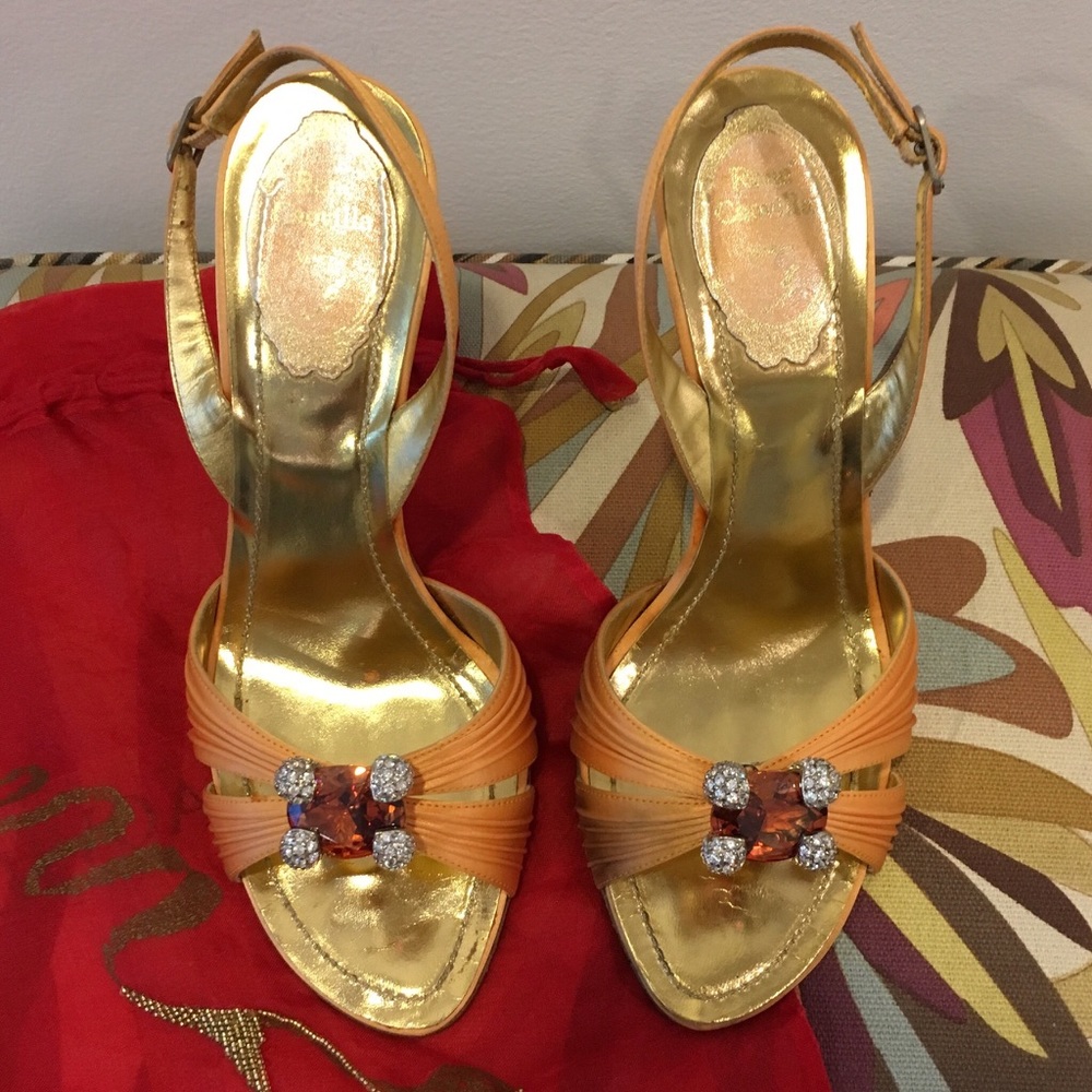 RENE CAOVILLA ORANGE SATIN HIGH HEEL SANDALS SZ 37 - Picture 2 of 8